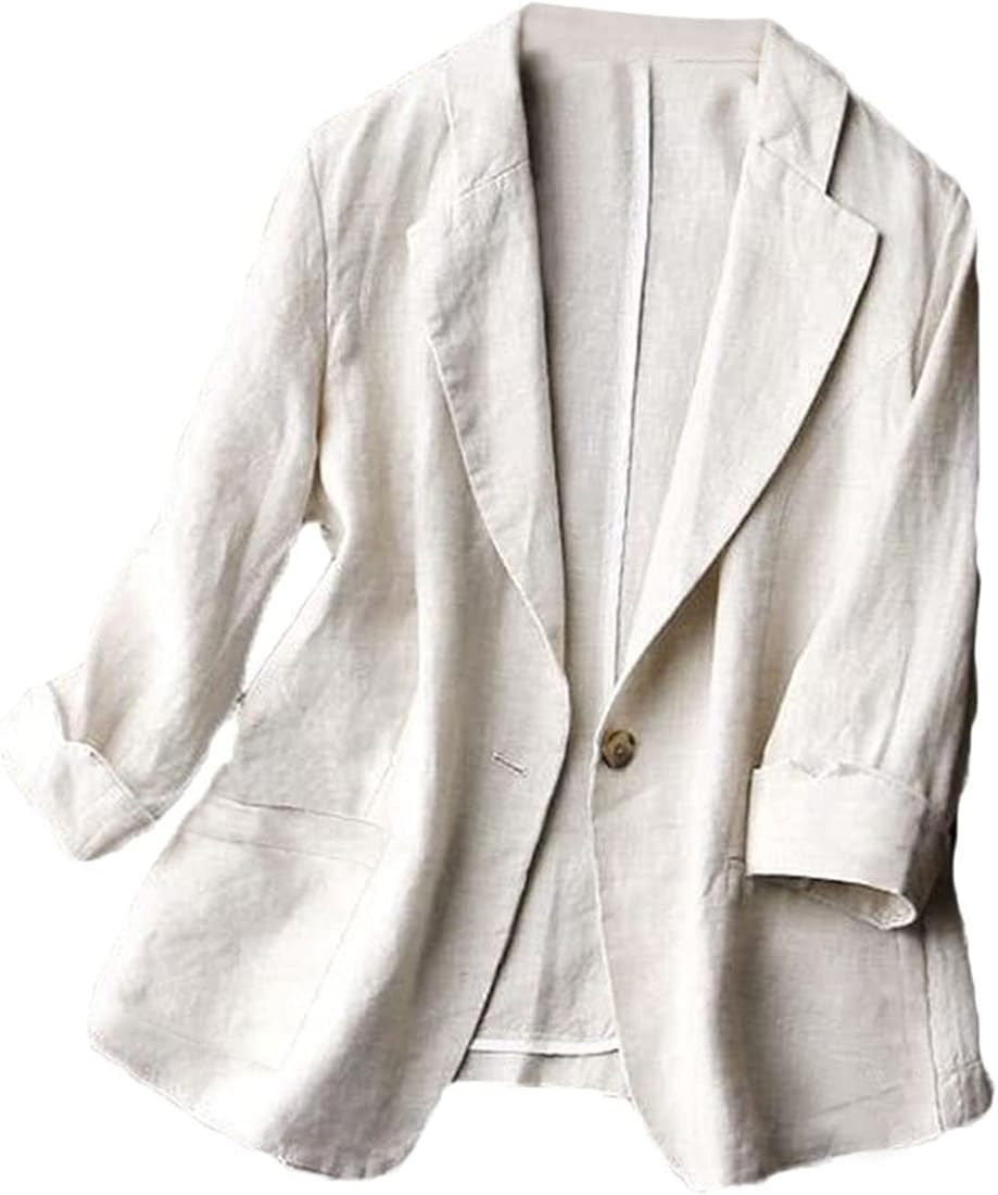 Jofemuho Womens Casual Solid Cotton Linen 3/4 Sleeve Short OL Work Blazer Jacket Coat | Amazon (US)