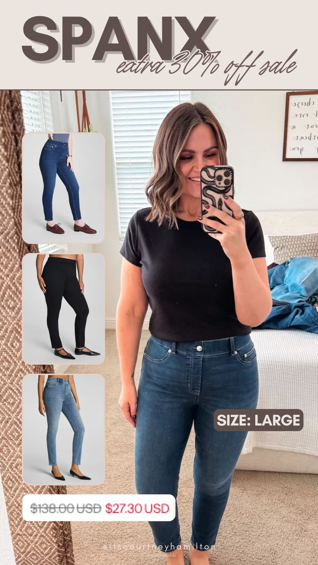 These SPANX jeans are ONLY $27 right now!! Such a good deal! I am wearing a Large! 

finds under 50, watchnow, denim, casual outfit, spanx, LDW sale, sale alert, courtney hamilton 

 #LTKootd #LTKSeasonal #LTKSaleAlert