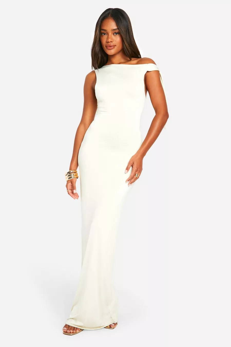 Slinky Tie Shoulder Boat Neck Maxi Dress | boohoo (US & Canada)