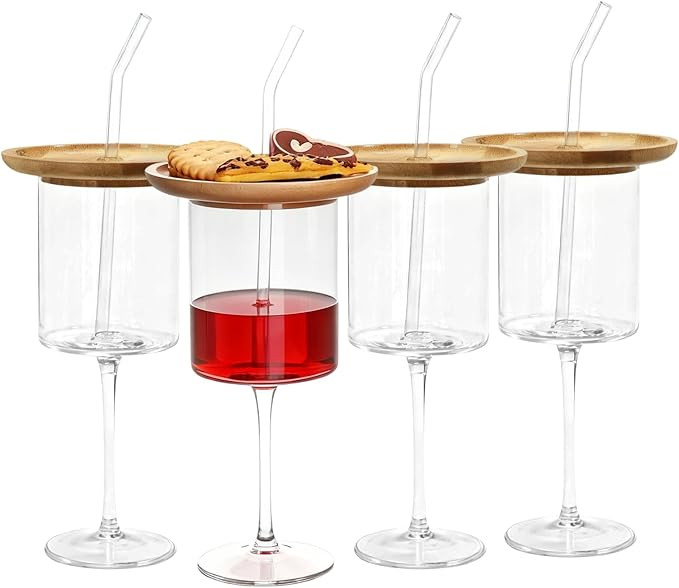 Wine Glasses with Charcuterie Topper: Set of 4 Clear 13.5 oz Reusable Long Stem Glass Cups with B... | Amazon (US)