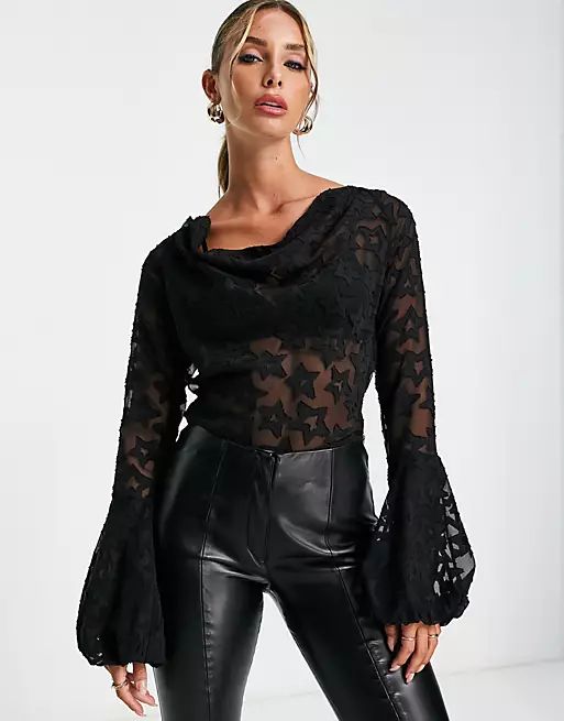 ASOS DESIGN sheer long sleeve blouse with cowl neck and bell sleeve detail in black burnout star | ASOS (Global)