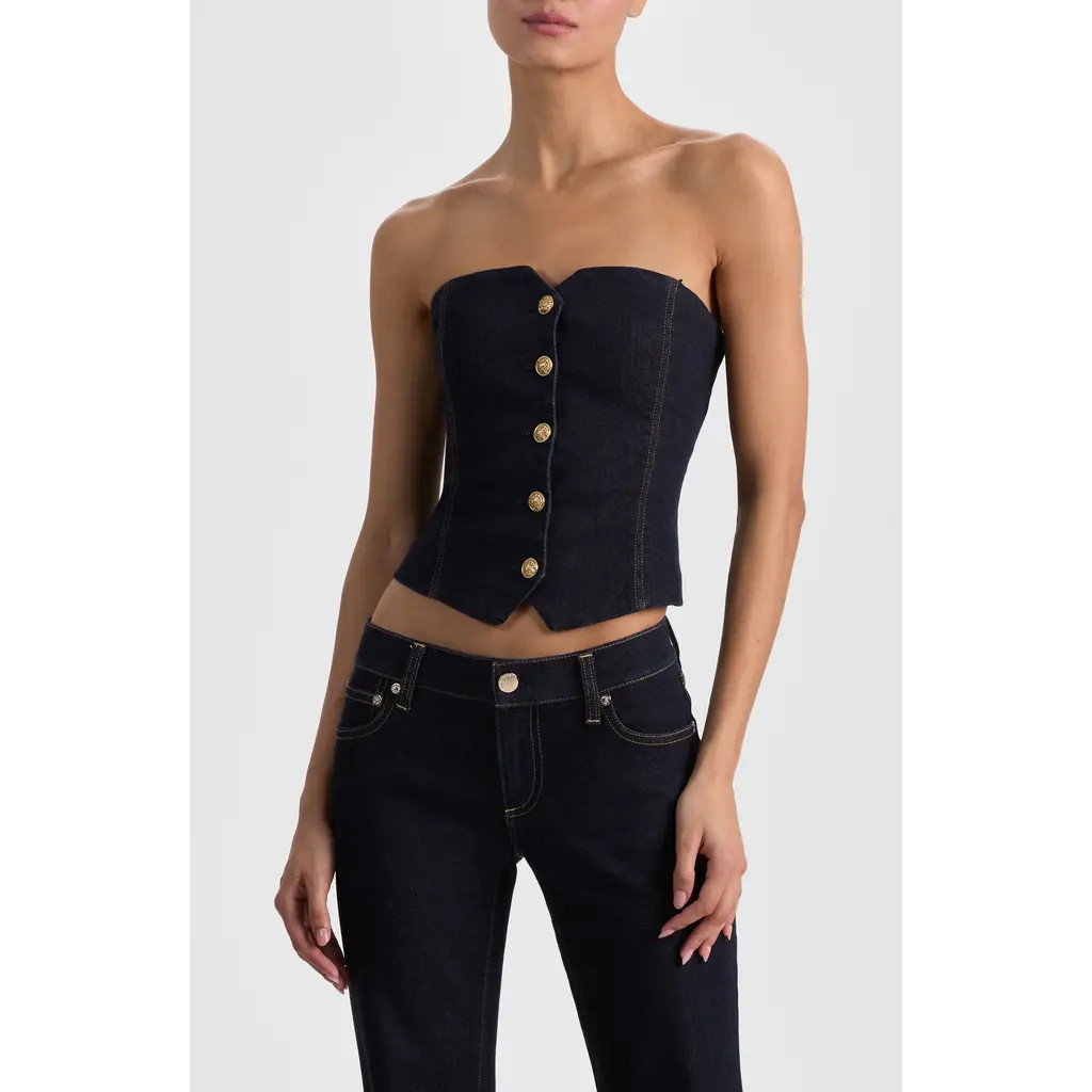 Alice + Olivia Kelcey Denim Corset Top in Dark Rinse at Nordstrom, Size 0 | Nordstrom