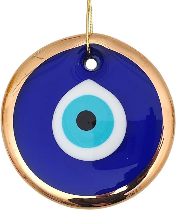 Erbulus 4.3" Glass Blue Evil Eye Wall Hanging Gold Ornament - Turkish Nazar Bead - Home Protectio... | Amazon (US)