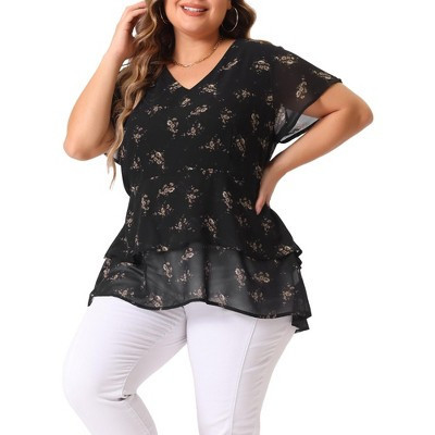 Agnes Orinda Women's Plus Size Floral Print V Neck Short Sleeve Tiered Chiffon Casual Peplum Blouses 4X Dark Black | Target