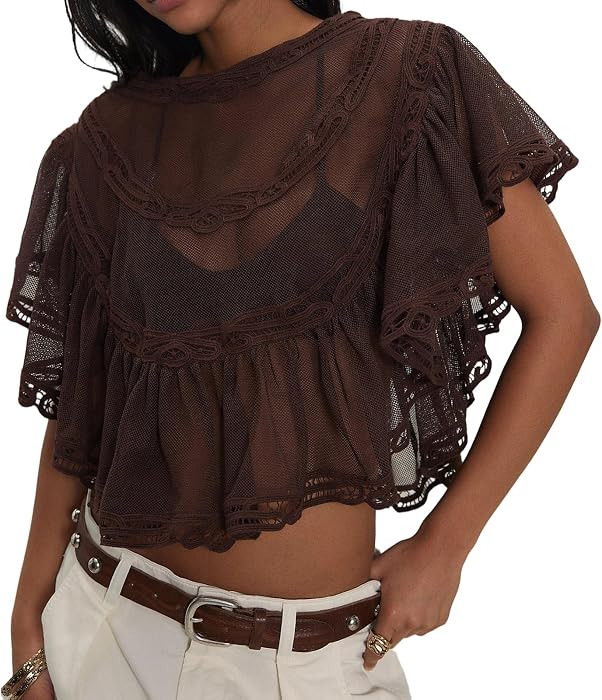 Womens See Through Short Sleeve Sheer Mesh Ruffle Lace Top Boho Y2k Summer Going Out Sexy Shirt B... | Amazon (US)