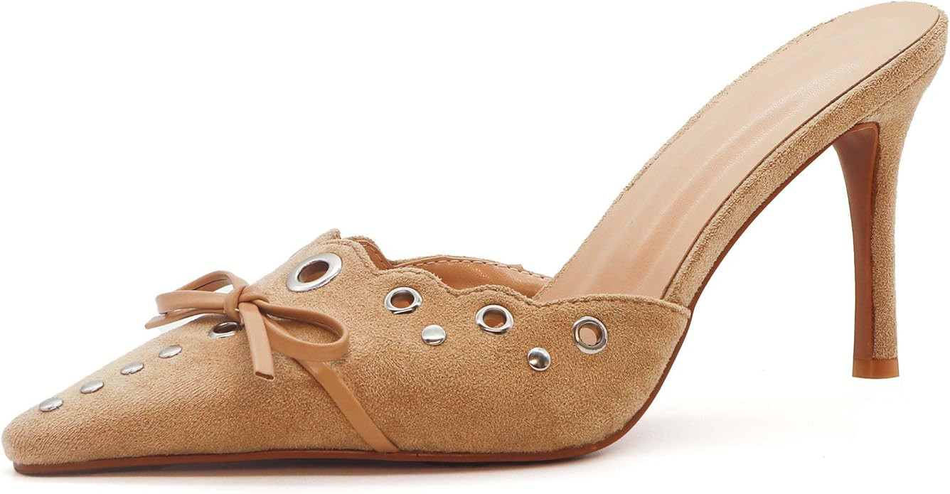 Kitten Heels for Women Pointed Toe Heels Studded Slip On Bow Heels Mules Faux Suede Sandals Kitte... | Amazon (US)