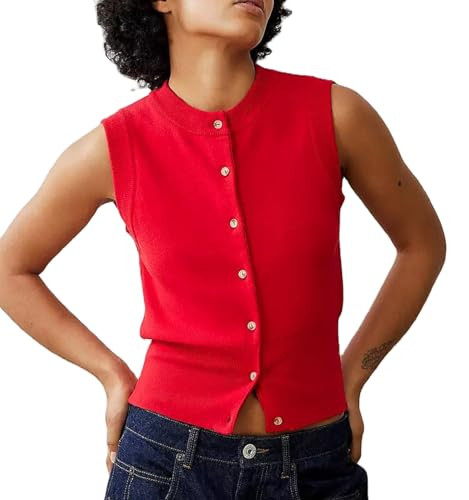 Women Button Down Tank Vest Sleeveless Ribbed Open Front Shirt Crewneck Button Up Slim Fit Crop Tank Top（Solid red，X-Large） | Amazon (US)