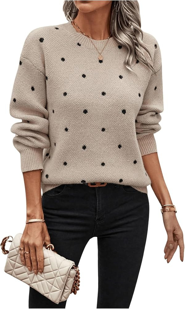 MakeMeChic Women's Polka Dots Sweaters Long Sleeve Round Neck Knitted Pullover Tops | Amazon (US)