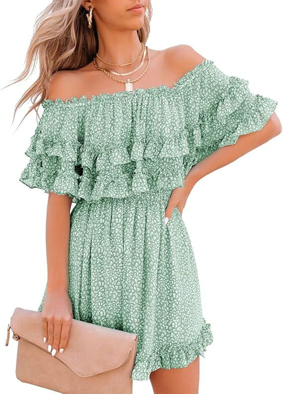 Fazortev Womens Flowy Off Shoulder Dress Summer Ruffle Smocked Casual Square Neck Elastic Waist M... | Amazon (US)