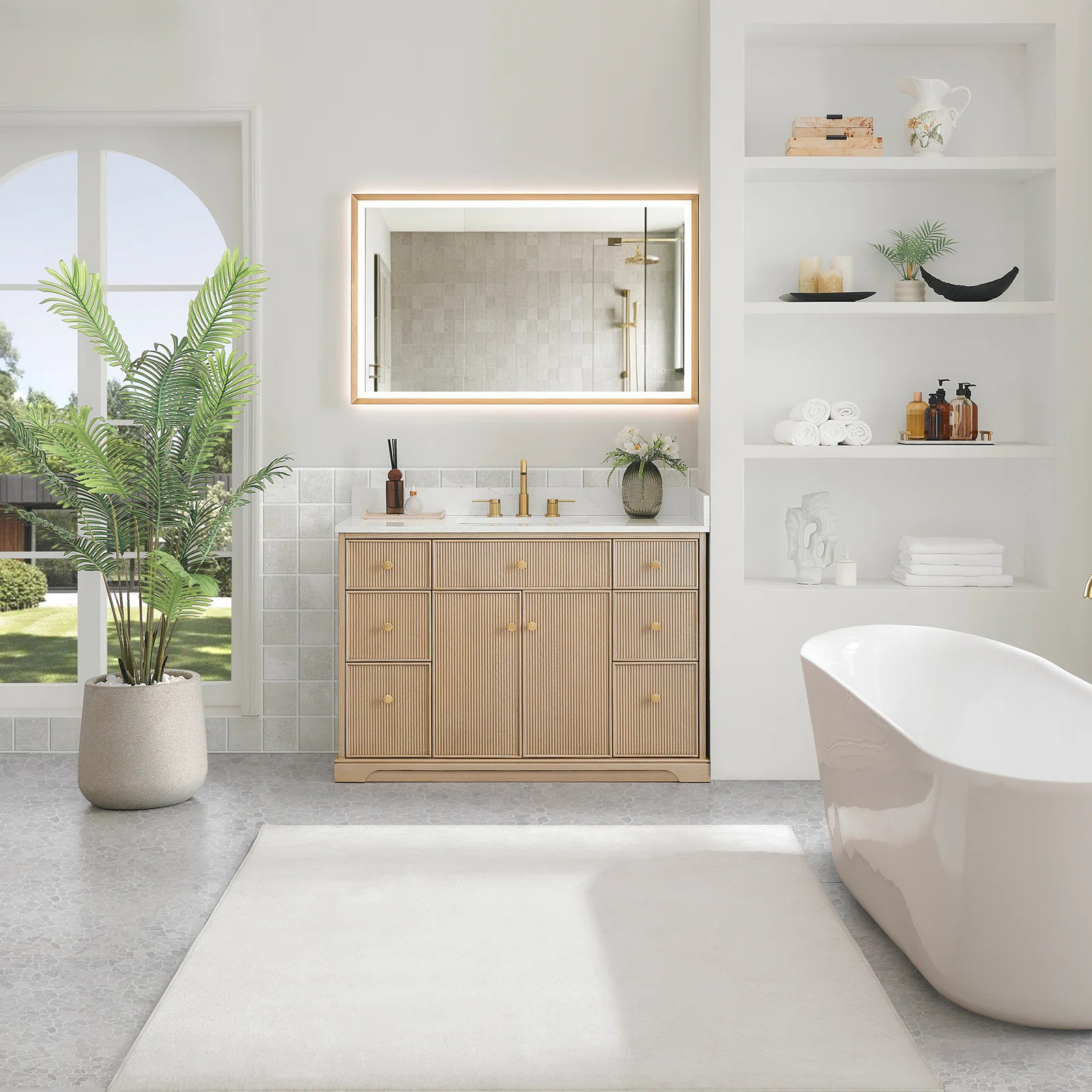 Noe 48" Single Bathroom Vanity in Natural Oak with Grain White Engineered Stone Countertop No Mir... | Wayfair North America