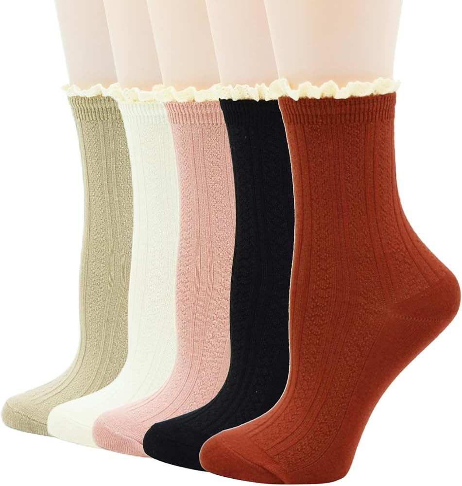 Women's Trim Ruffle Frilly Turn Cuff Socks - Cute Vintage Dress Crew Ankle Boot Socks | Amazon (US)