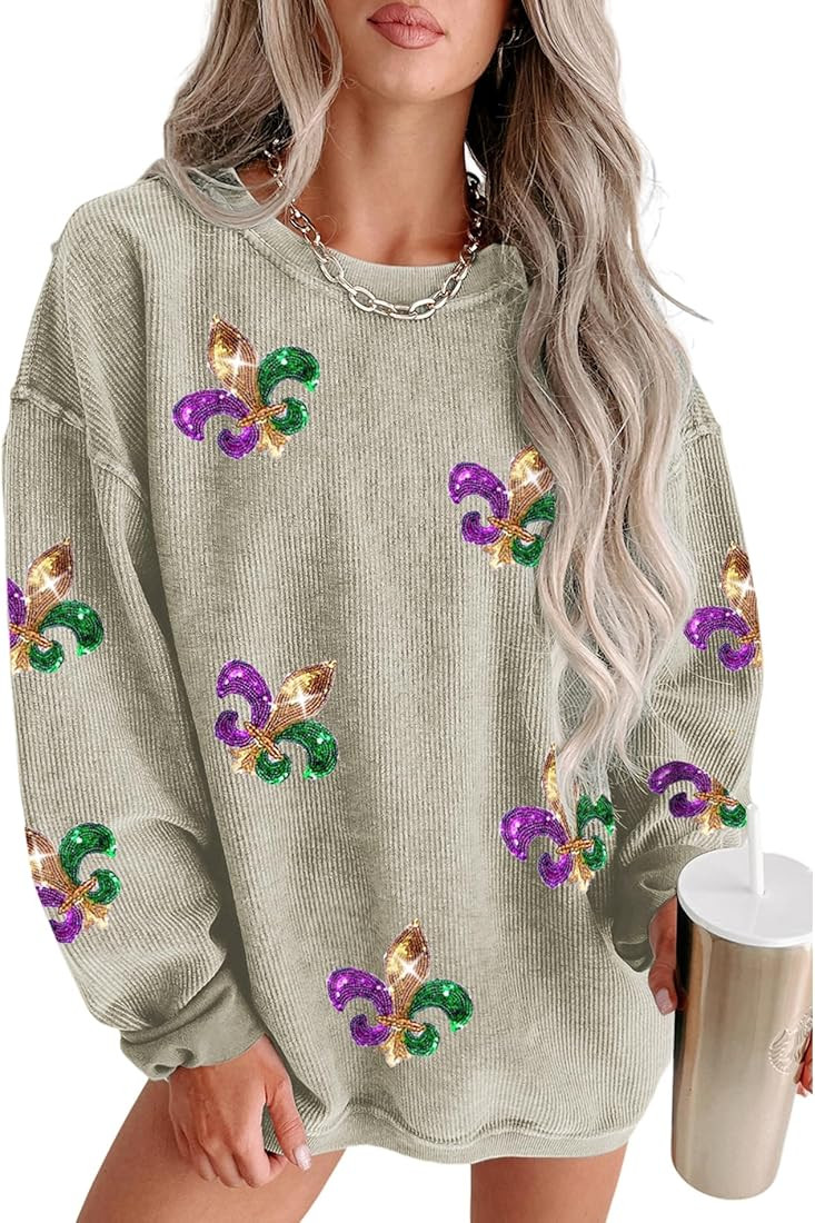 Urchics Crewneck Sweatshirts for Women 2025 Mardi Gras Holiday Corduroy Long Sleeve Sequin Graphi... | Amazon (US)