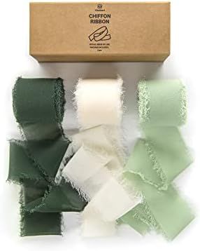 Vitalizart 3 Rolls Handmade Fringe Chiffon Silk Ribbon Gauze 1.5" x 7Yd Cream & Green Ribbons Set... | Amazon (US)