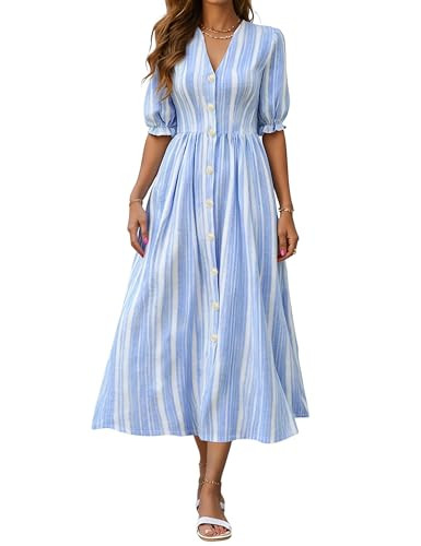 Women's Boho Striped Dress Midi Casual Loose Dresses V Neck Puff Sleeve Summer Work Vacation Outf... | Amazon (US)