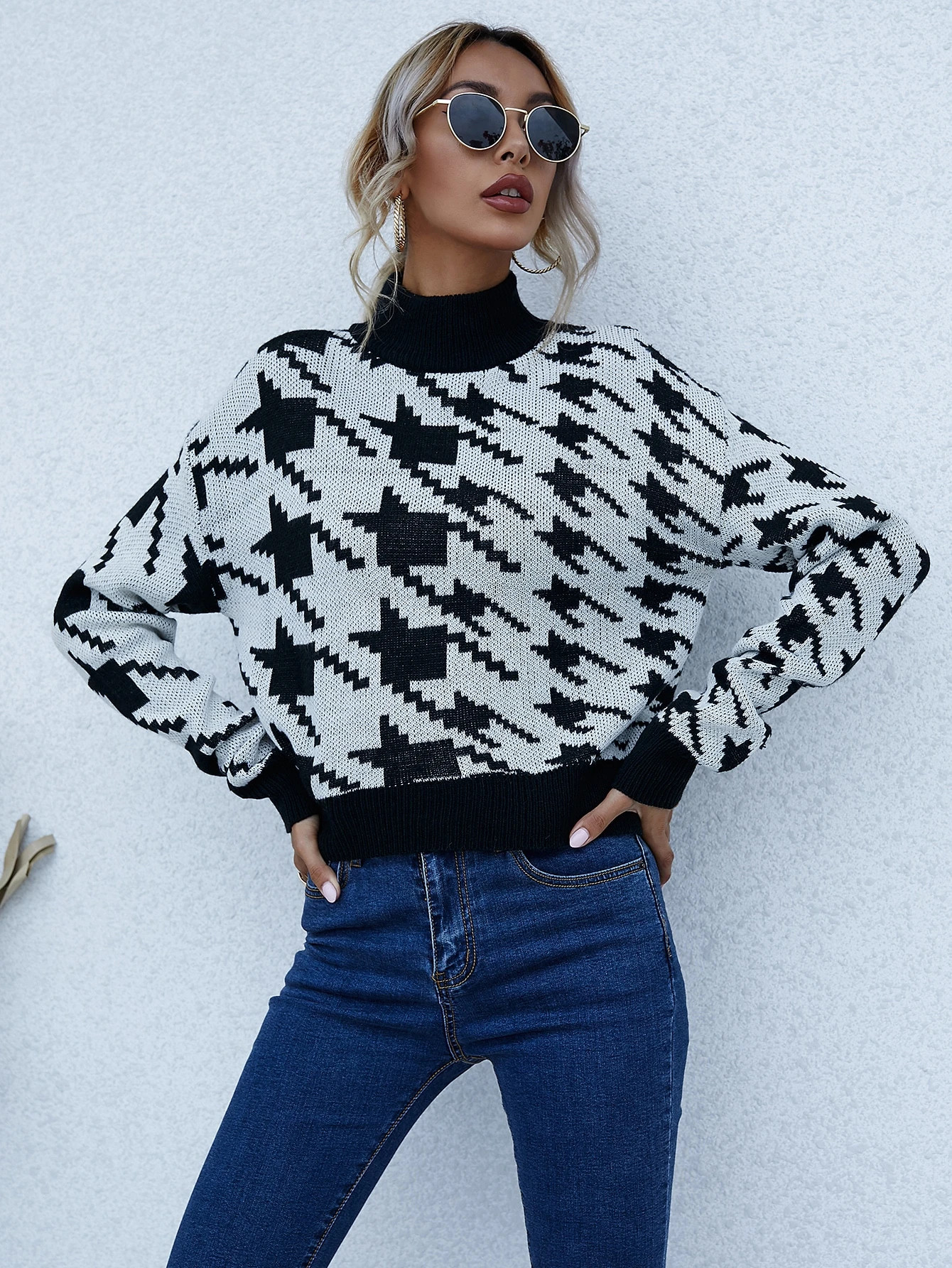Mock-Neck Houndstooth Sweater | SHEIN
