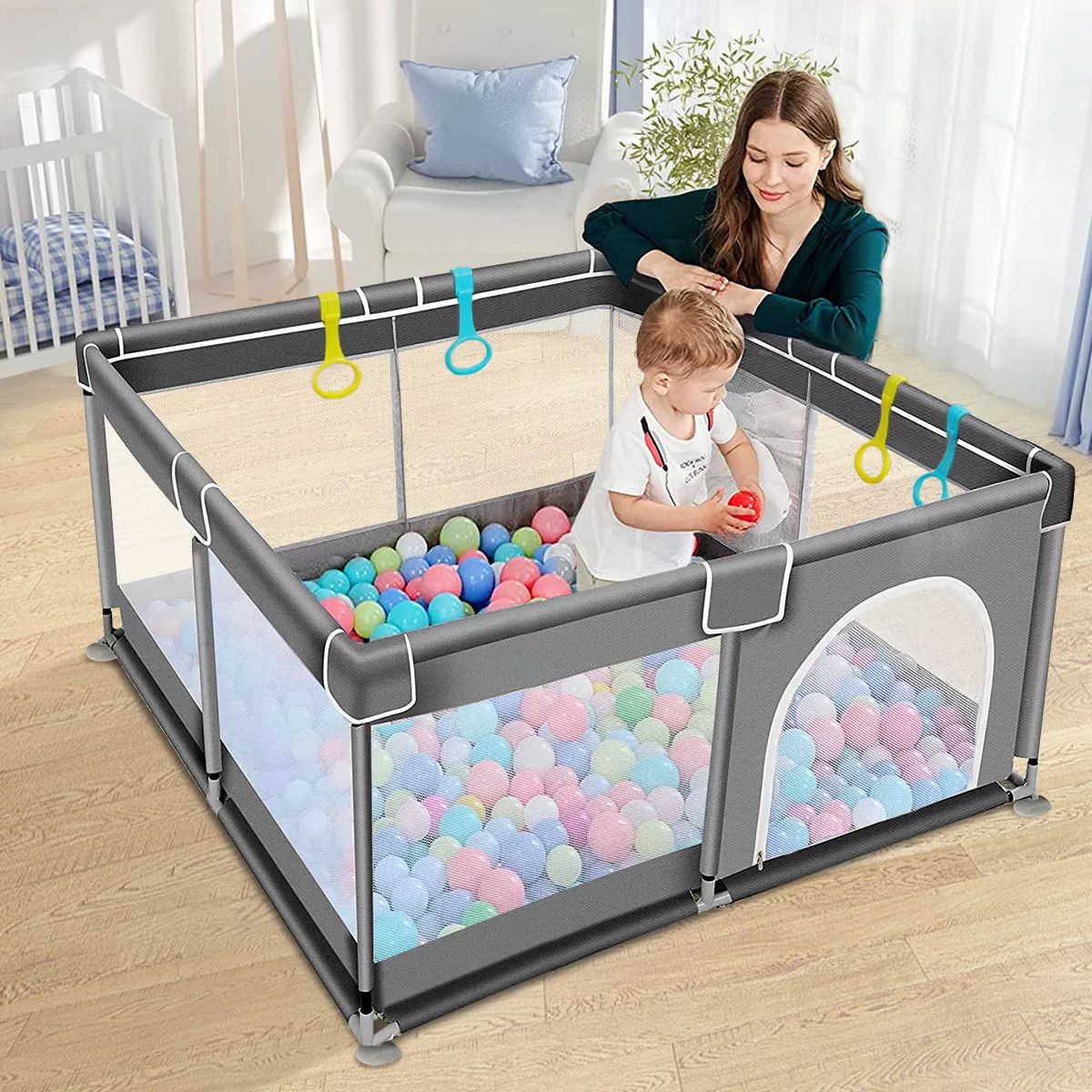 Baby Playpen, 36x36x27inch Portable Soft Mesh Sturdy Pipe Ample Space for Toddler, Gray | Walmart (US)