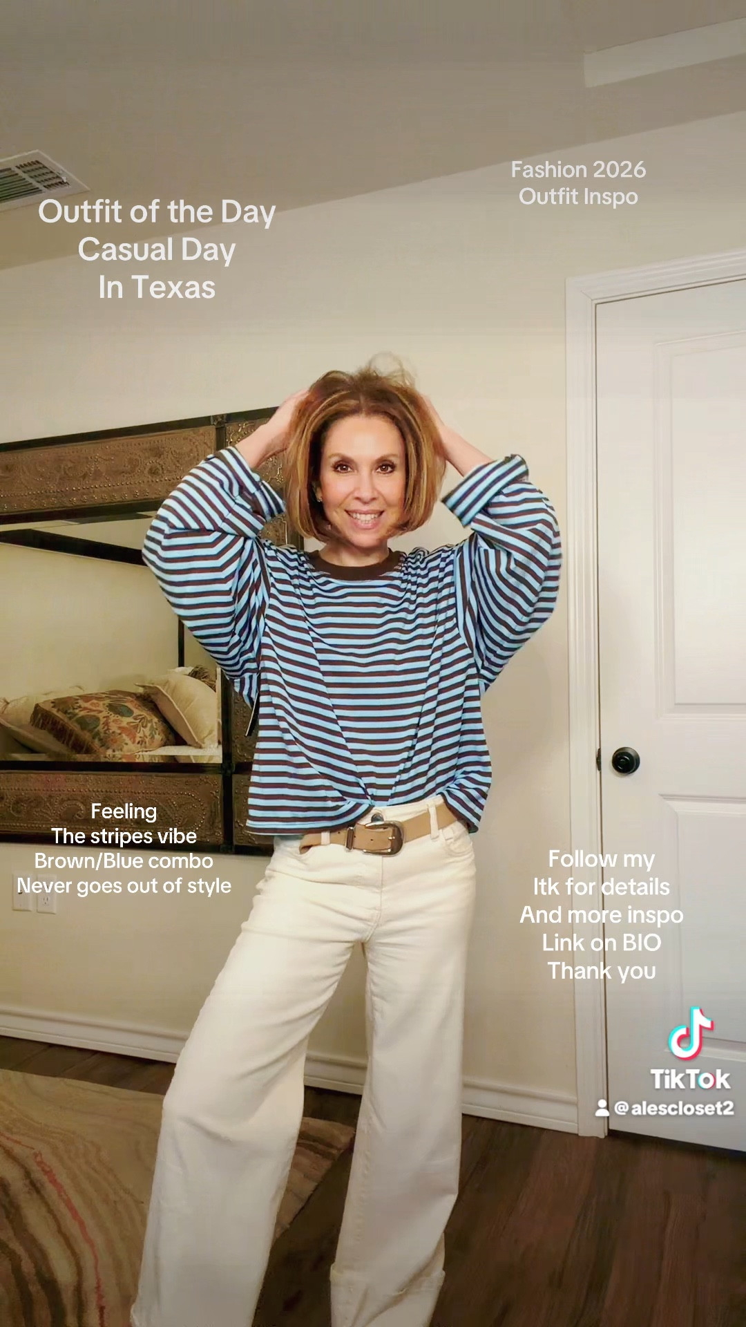 Oversized vibe but still elevated 🤎🩵

Wearing XS in this striped top — it runs pretty baggy but in a fun, effortless way. The relaxed fit gives that cool oversized look without overwhelming the frame.

Paired with my wear-on-repeat cream wide leg pants from Kut (size 00) — they elongate the legs and balance the volume on top perfectly.

This is my Casual Texas OOTD for coffee runs, errands, casual work days, or lunch plans. Timeless brown + blue combo that never goes out of style.

Full outfit details, sizing & links are on my LTK — link in bio 🤍 Thank you for supporting my page!



#OversizedVibe
#OOTD2026
#KutFromTheKloth
#WideLegStyle
#TexasStyle

