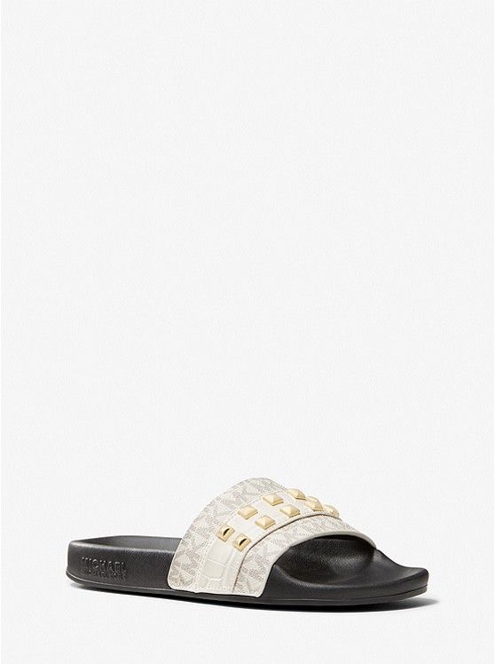 Brandy Studded Logo and Embossed Leather Slide Sandal | Michael Kors US
