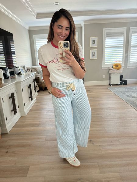 Striped pants, incredibly soft and comfortable. They have stretch, wearing a 28, tee is a new favorite 🍒

#LTKFindsUnder100 #LTKFindsUnder50 #LTKStyleTip