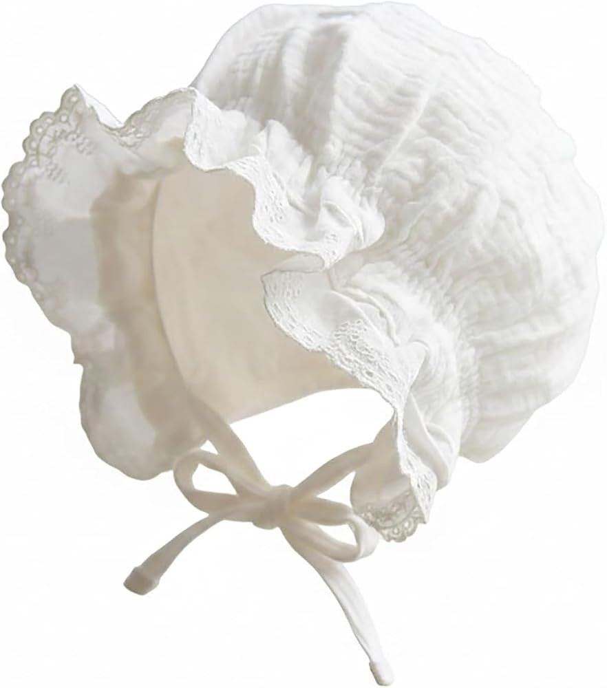 Baby Girl Cotton Muslin Bonnet - Vintage Ruffle Lace Newborn Sun Hat Adjustable Chin | Amazon (US)