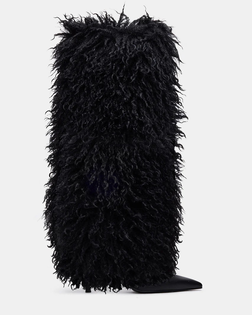 ICON Black Pointed-Toe Faux Fur Knee-High Stiletto Heel Women's Boot | Steve Madden (US)