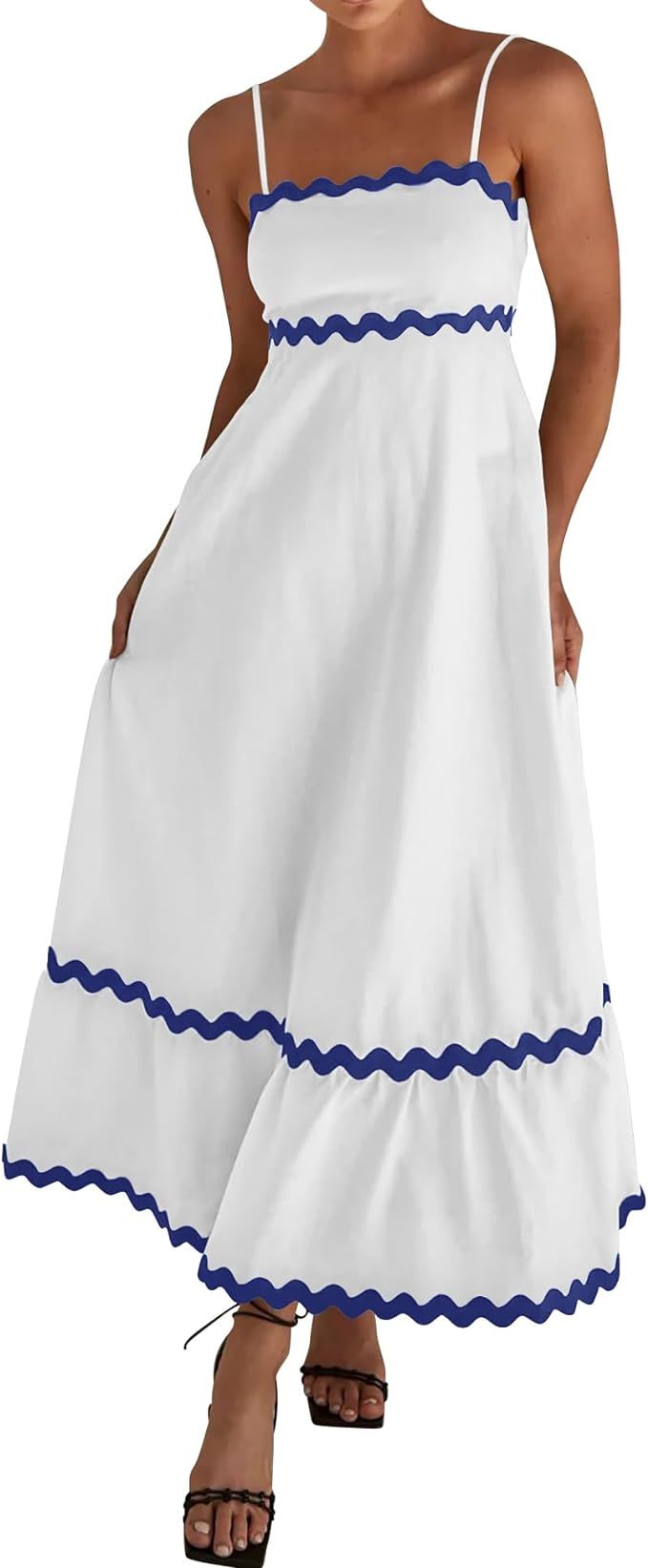 dowerme Women Summer Dresses 2024 Spaghetti Straps Sleeveless Smocked Rickrack Trim Boho Flowy Lo... | Amazon (US)