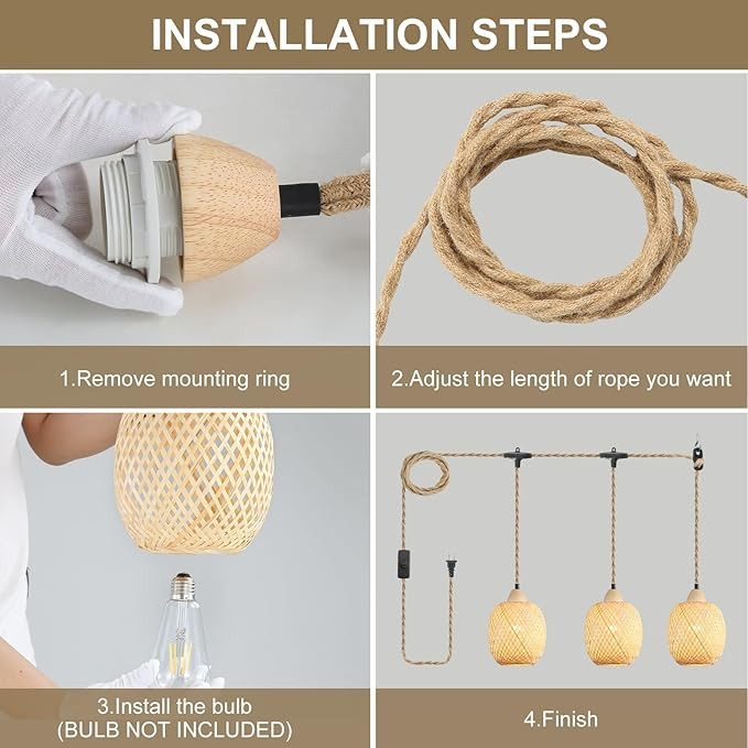 3-Light Bamboo Plug in Pendant Light with Switch, Boho Hanging Lights, 15ft Hand Woven Cord, for ... | Amazon (US)