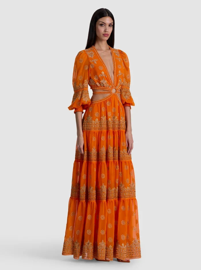 PATRICA EMBELL TIERED RUFFLE MAXI DRESS in ORANGE PEEL | ALICE + OLIVIA | Alice + Olivia