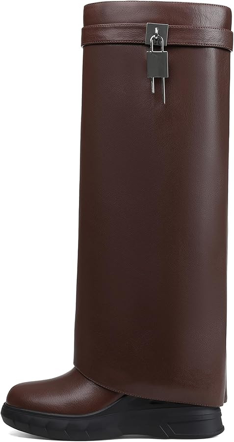 INSMIA Womens Knee High Boots Wide Calf Fold Over Round Toe Platform Chunky Wedge Heel Shark Boot... | Amazon (CA)