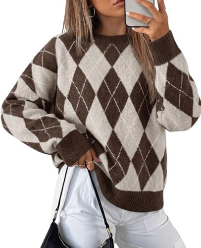 Tankaneo Womens Oversized Sweaters Long Sleeve Argyle Plaid Trendy Casual Fall Lightweight Knit P... | Amazon (US)