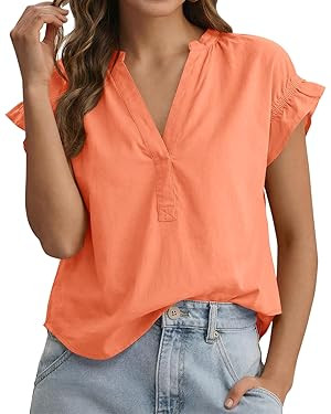 Tankaneo Womens Ruffle Cap Sleeve Tops Summer V Neck Cotton Blouse Dressy Casual Loose Fit Curved... | Amazon (US)