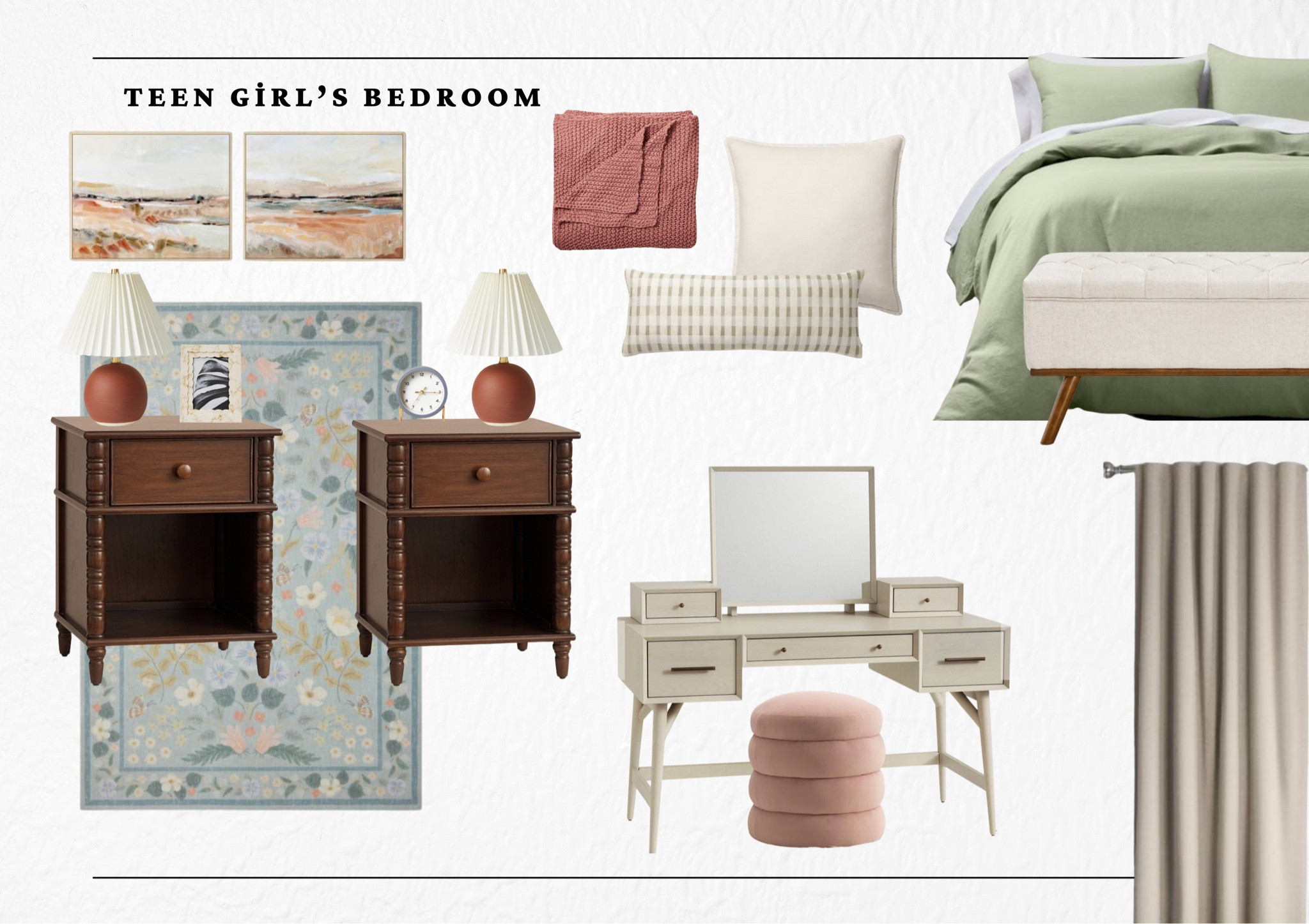 Teen girls bedroom featuring nightstands, area rug, vanity, bedding, lamps, art, and more!

#LTKfindsunder50 #LTKhome #LTKfindsunder100