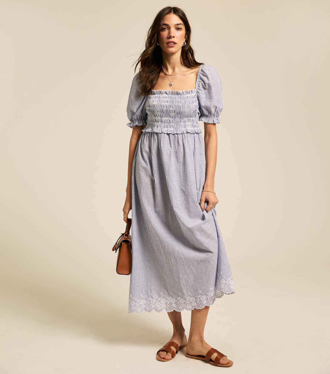 Blue Lightweight Striped Puff Sleeve Midi Dress | New Look | New Look (UK)