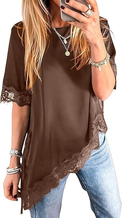 Pinclodly Asymmetrical Tops for Women Lace Patchwork Satin Top Crewneck Oversized Tee Shirts Side... | Amazon (US)