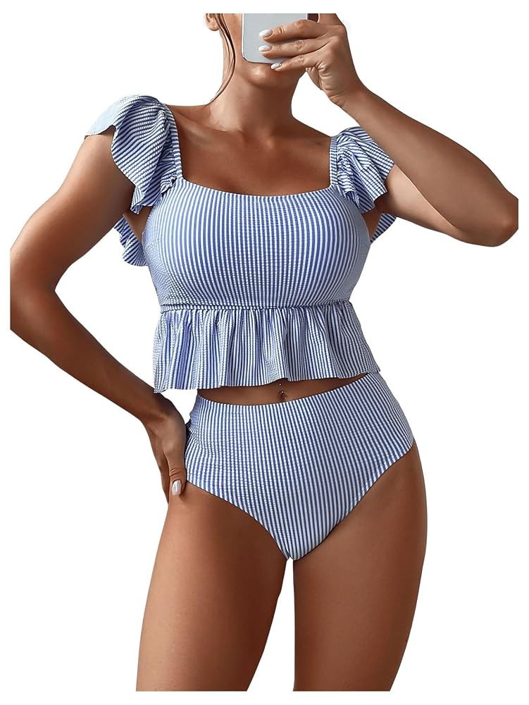 SOLY HUX Women's Ruffle Trim Swimsuits Striped Tankini Set High Waisted Two Piece Bathing Suits | Amazon (US)