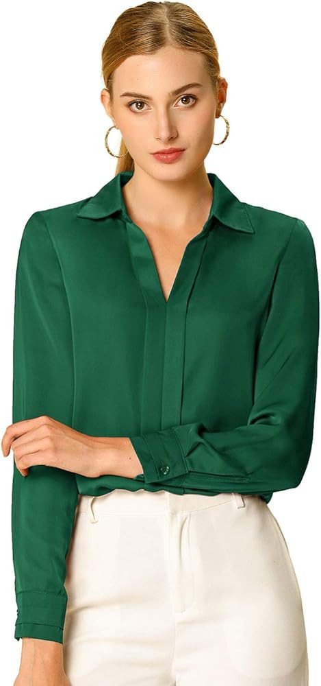 Allegra K Women's Satin Blouse Elegant V Neck Long Sleeve Silky Dressy Office Work Shirt 2024 | Amazon (US)
