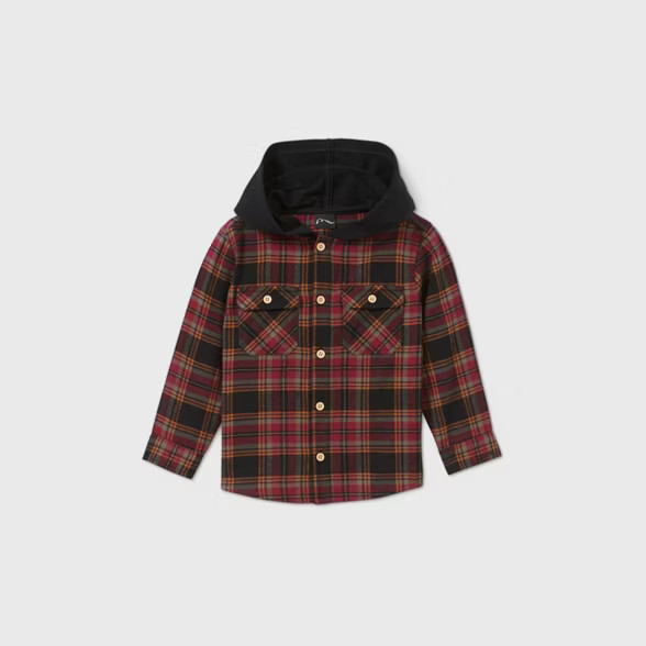 Toddler Boys' Hooded Plaid Long Sleeve Button-Down Shirt - art class™ Red | Target