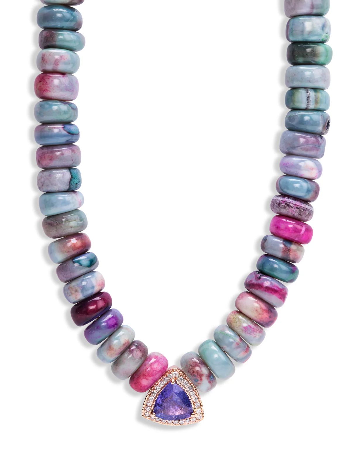 Diamond Tanzanite Trillion on Purple Multi Opal Beaded Rose Gold Necklace | YLANG 23