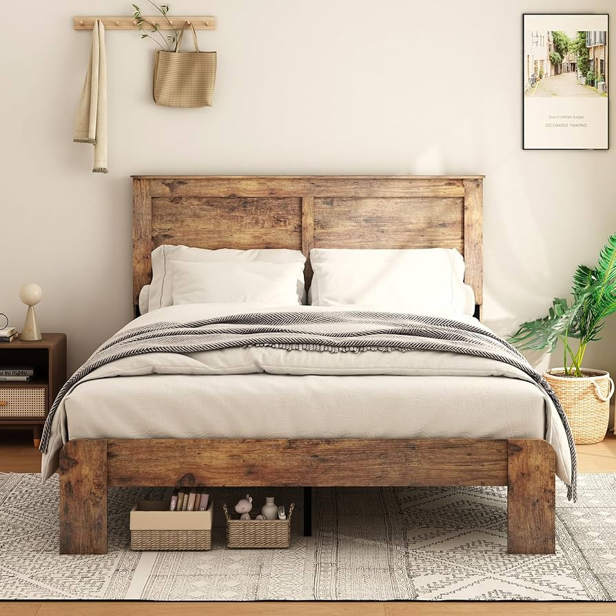 Queen Size Bed Frame, Vintage Platform Bed Frame with Wood Headboard and Footboard, 12 Wood Slats... | Amazon (US)