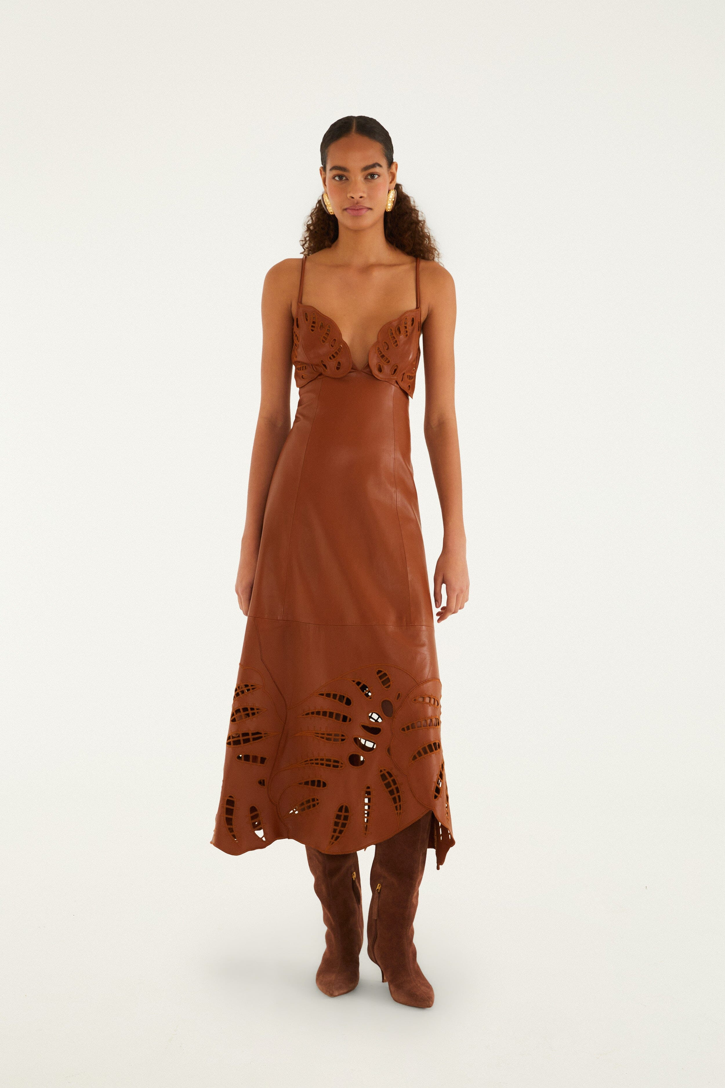 Brown Monstera Cutwork Leather Midi Dress | FARM Rio | FarmRio (US)