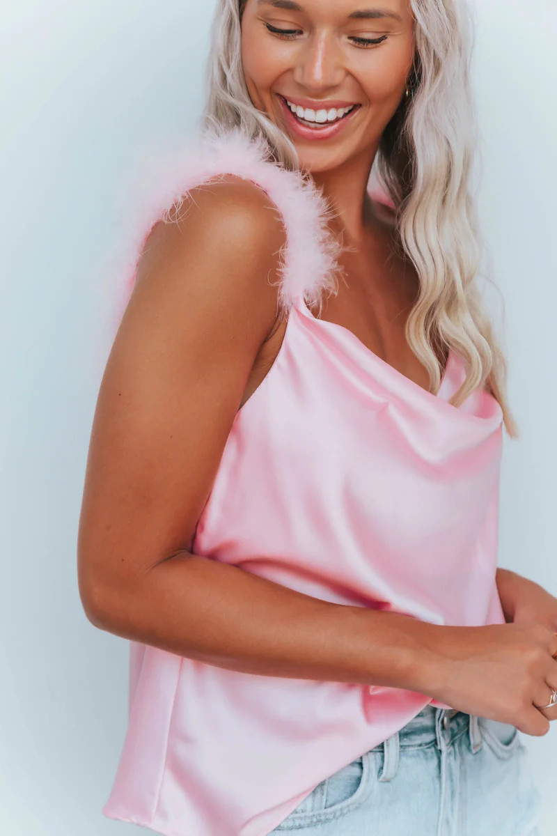 Shimmy All The Way Feather Shoulder Cami Top- 2 Colors | Apricot Lane Boutique