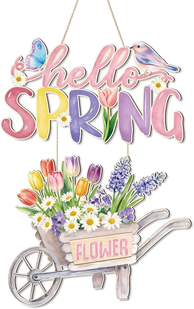 HPNIUB Hello Spring Front Door Sign, Colorful Floral Wooden Hanging Plaque for Home, Rustic Flowe... | Amazon (US)