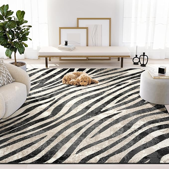 Abani Terra Area Rug for Living Room, Bedroom - Zebra Pattern - Black Cream - 4' x 6' - Durable &... | Amazon (US)