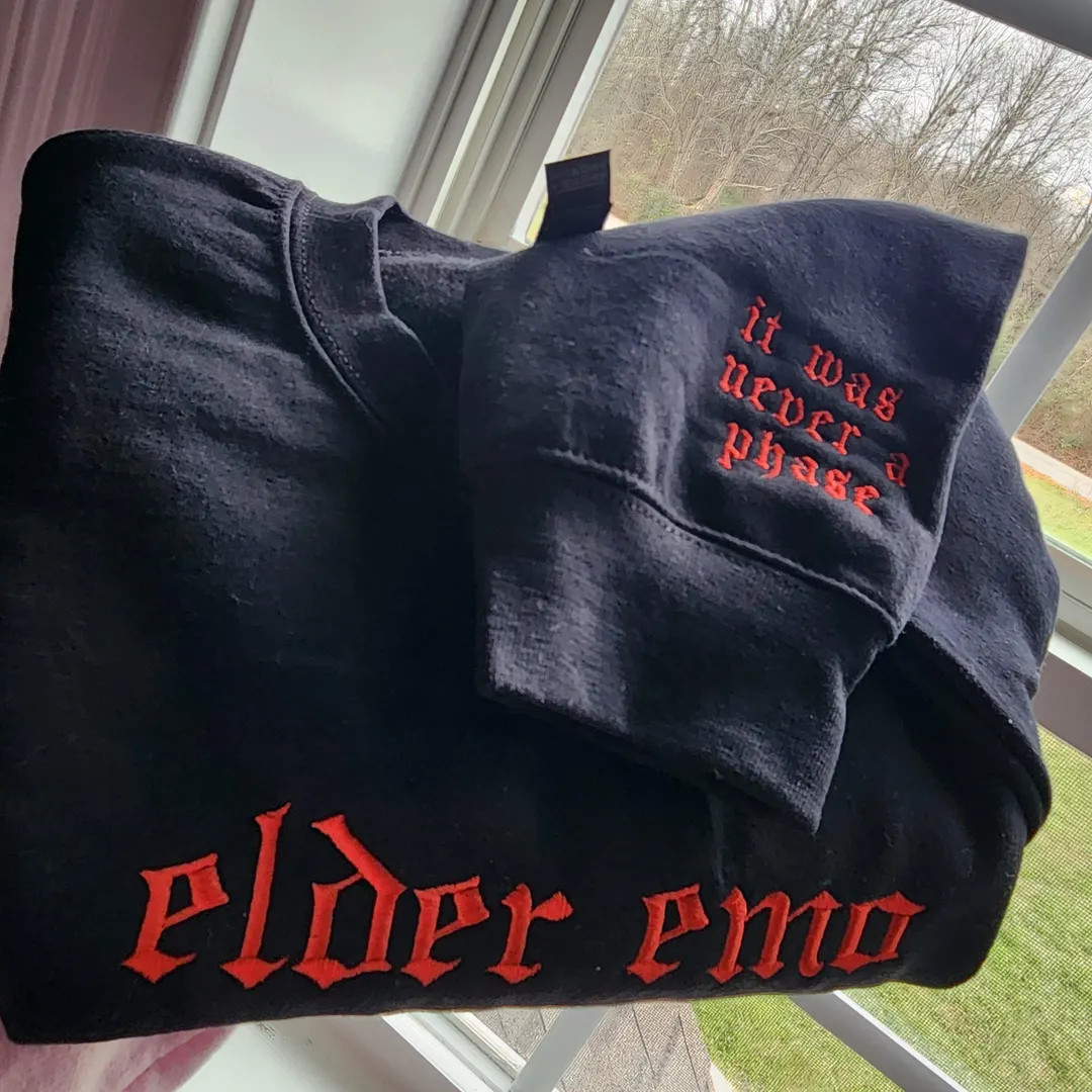 Elder Emo Embroidered Crewneck Sweatshirt, It Was Never a Phase on the Sleeve Detail, Custom Goth... | Etsy (US)
