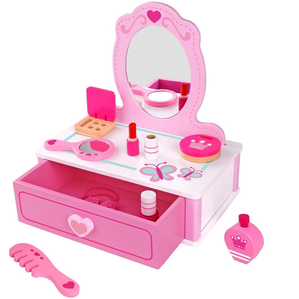 Toysters Adorable Pink Wooden Vanity Makeup Kit Station Beauty Salon Cosmetic Toy For Toddler Gir... | Target