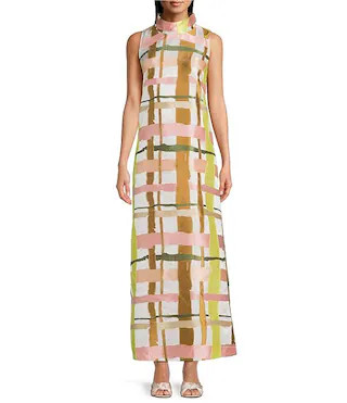 Buru Mod Plaid Print Brocade Mock Neck Sleeveless Shift Maxi Dress | Dillard's | Dillard's
