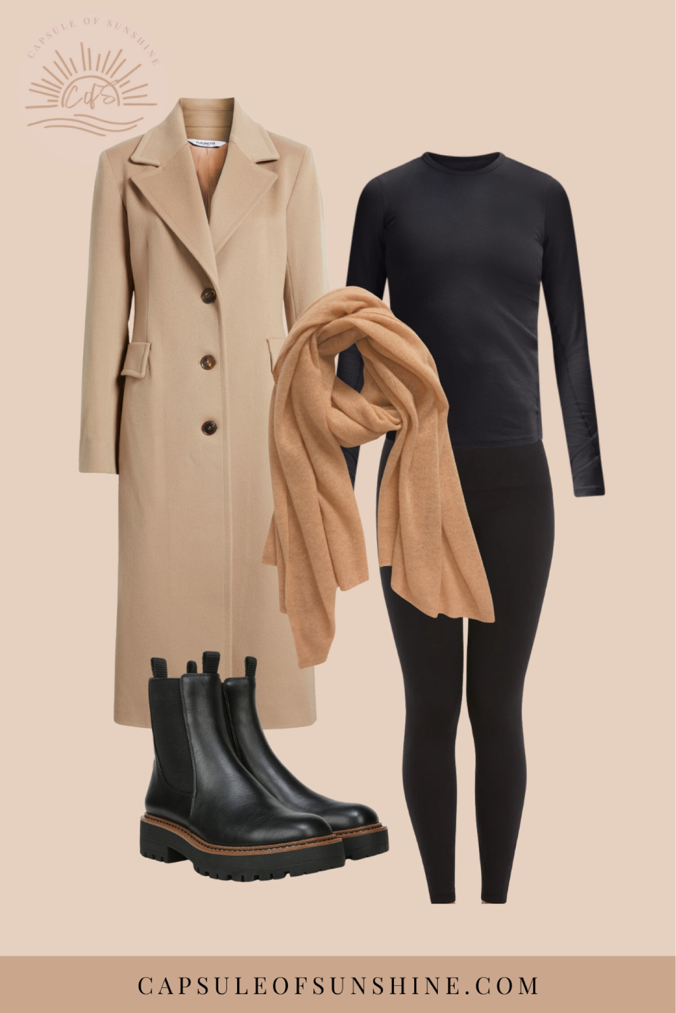 Capsule Wardrobe Series 

I love pairing a long beige coat over a simple black top, leggings, and black boots. I added a cashmere scarf for when it’s extra chilly! Ideal for running errands or a casual day out in the city.

black tee | black leggings | beige long coat | black ankle boots | camel colored cashmere scarf | cozy chic | polished style | capsule wardrobe | closet staples 

#CapsuleOfSunshine #CozyChic #EffortlessStyle #FashionInspo #WardrobeEssentials #StyleInspiration #DailyOutfit #CasualFashion #OOTD

#LTKStyleTip #LTKSeasonal #LTKShoeCrush