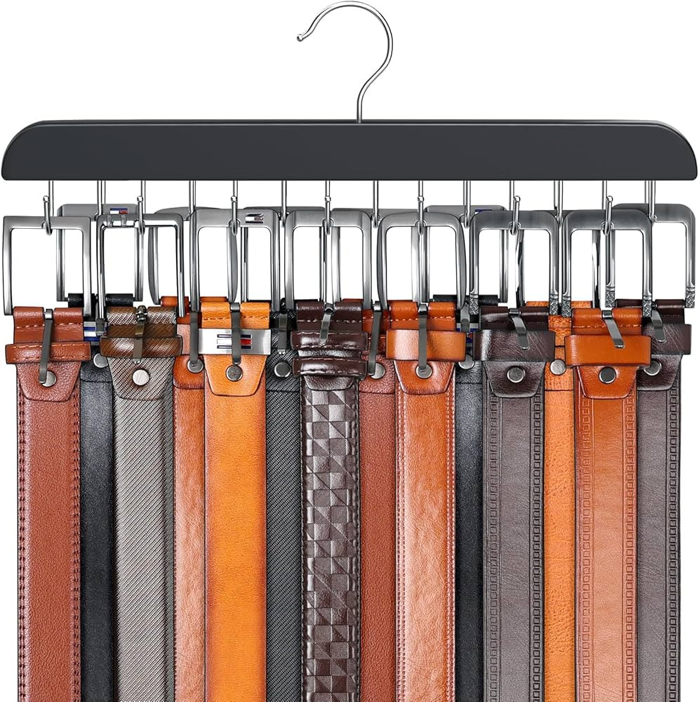 Belt Hanger for Closet Max 42 Belts, Sturdy Wood Belt Rack Closet Accessories with 14 Hooks Belt ... | Amazon (US)