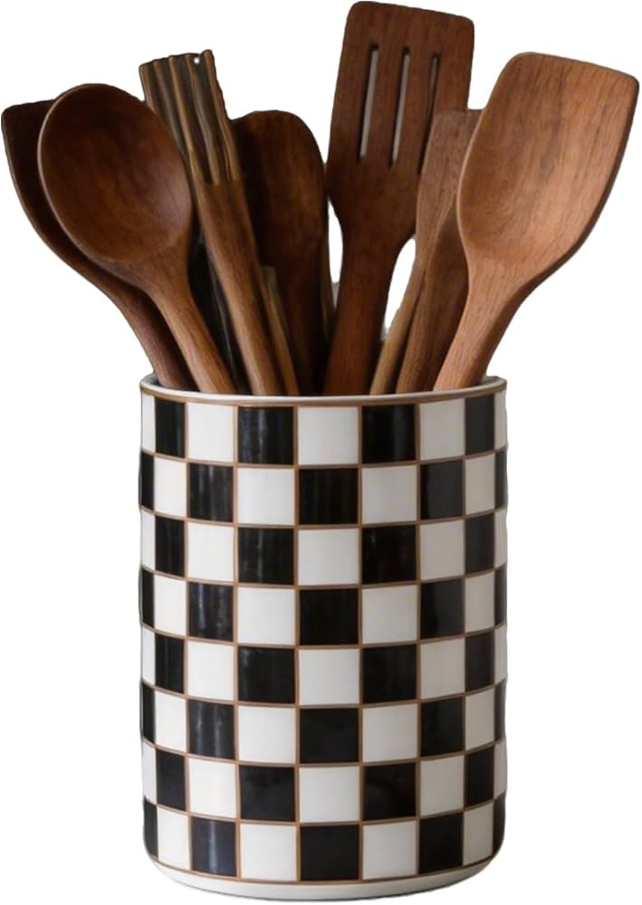 Checkered Kitchen Utensil Holder,Black And White Ceramic Cooking Utensil Holder Modern Utensil Cr... | Amazon (US)