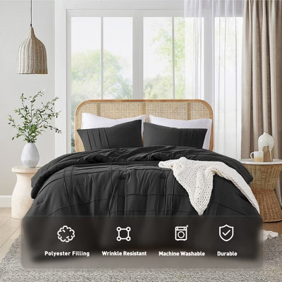 3Pcs Comforter set Pinch Pleat Comforter for All Seasons Stylish Grid Pattern Bedding Set, Lightweight Solid Bed Comforter Sets, Black, Full | Target
